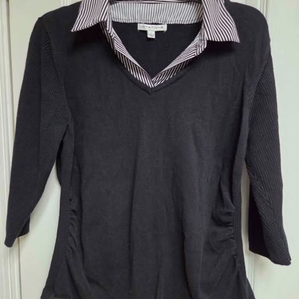 Notation womens Large black 3/4 length sleeve wuth ruched sides shirt